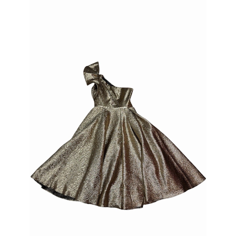 $498 Mac Duggal 67906 Bronze Metallic One Shoulder Bow Tea Midi Dress Size 8 - Picture 4 of 12